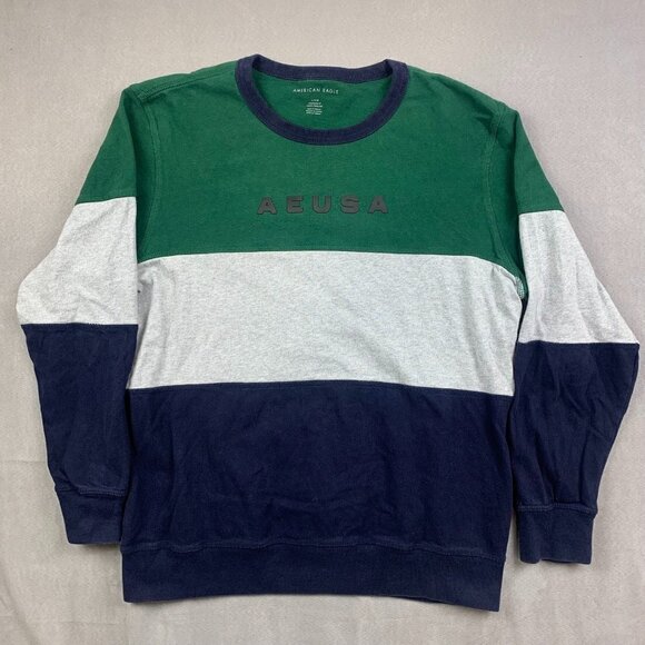 American Eagle Men Sweater Large Blue Gray Green Colorblock Crewneck Long Sleeve - Picture 1 of 7